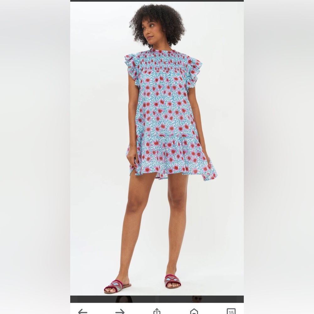 Oliphant Blue Floral Ruffle Midi Dress with Pink Accents
